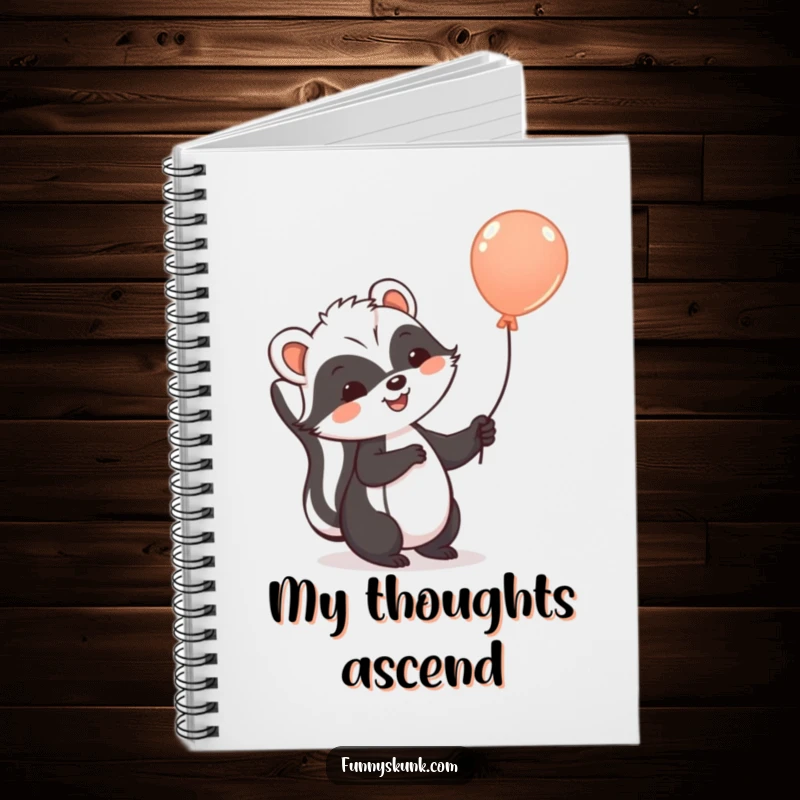 Funny skunk notebook with a cheerful skunk holding a balloon, floating gently upwards, perfect for writing and drawing.