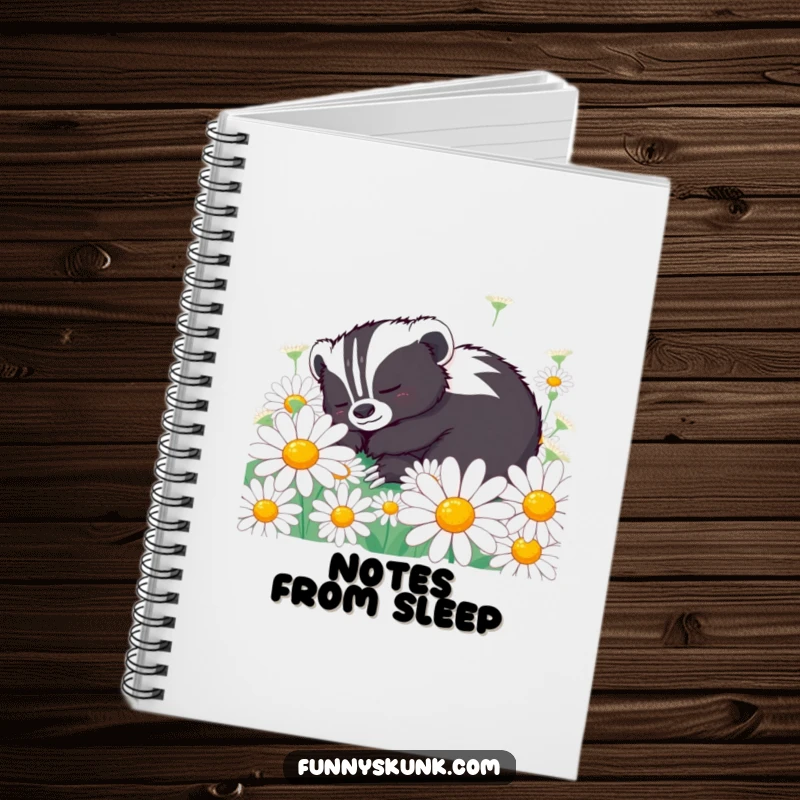Funny skunk notebook showing a content skunk character peacefully napping in oversized daisies, ideal for serene journaling.