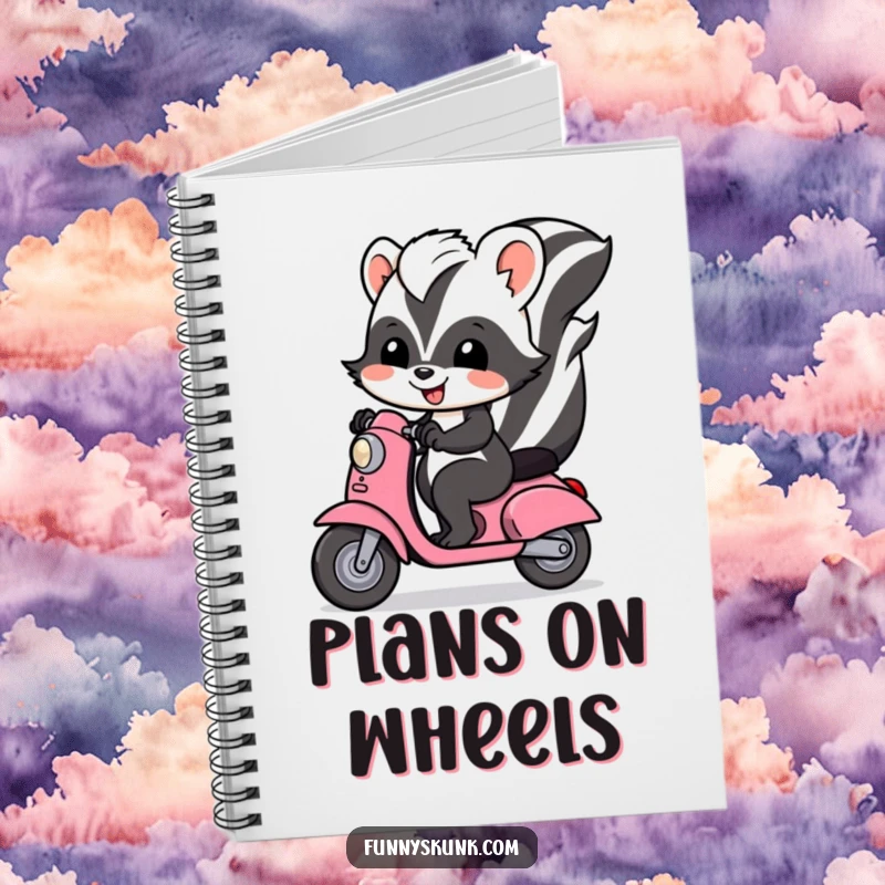 Funny skunk notebook with a joyful skunk riding a tiny scooter, perfect for jotting down notes and ideas.