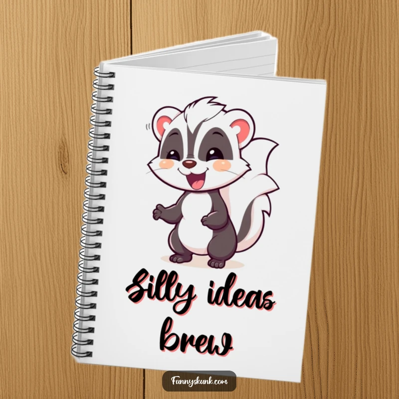 Funny skunk notebook featuring a happy skunk in a silly pose, waddling with delight, ideal for notes.