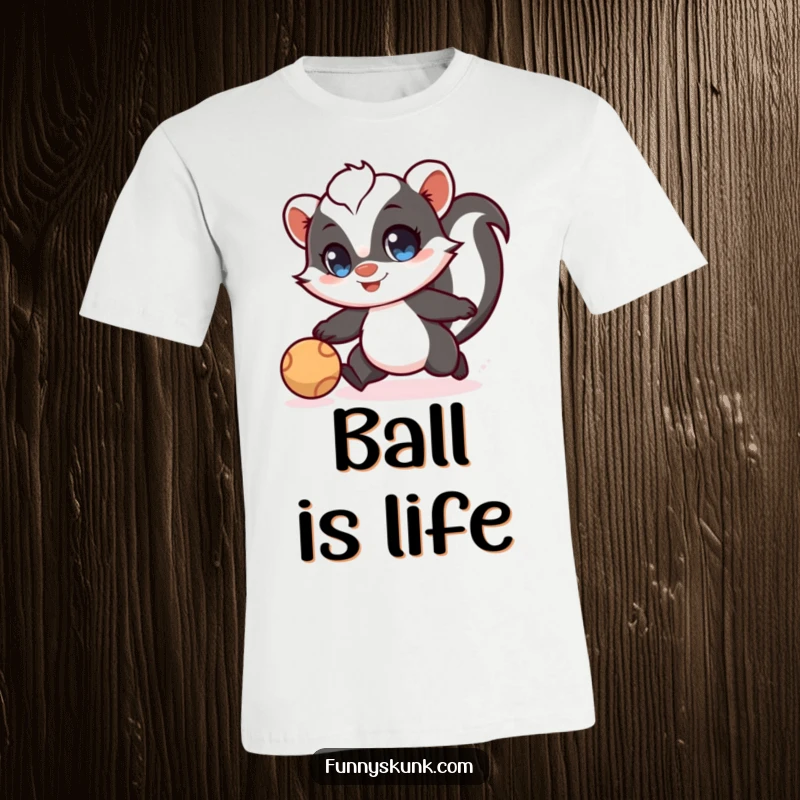 Funny skunk t-shirt featuring a skunk with wide, excited eyes playfully chasing a bouncing ball, capturing pure fun.