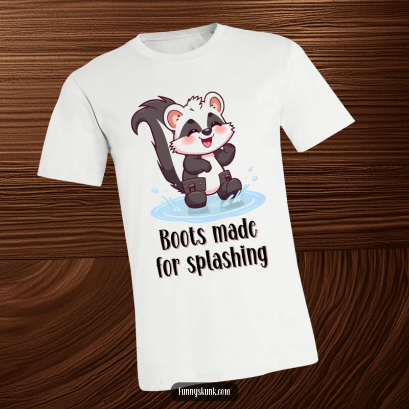 Funny skunk t-shirt with a giggling skunk in big boots splashing gleefully in a puddle, capturing carefree and humorous delight.