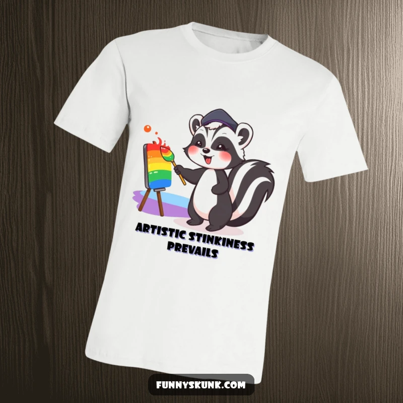 Funny T-shirt showing a cute skunk sporting a jaunty beret, happily painting a bright, colorful rainbow, embodying artistic joy and humor.
