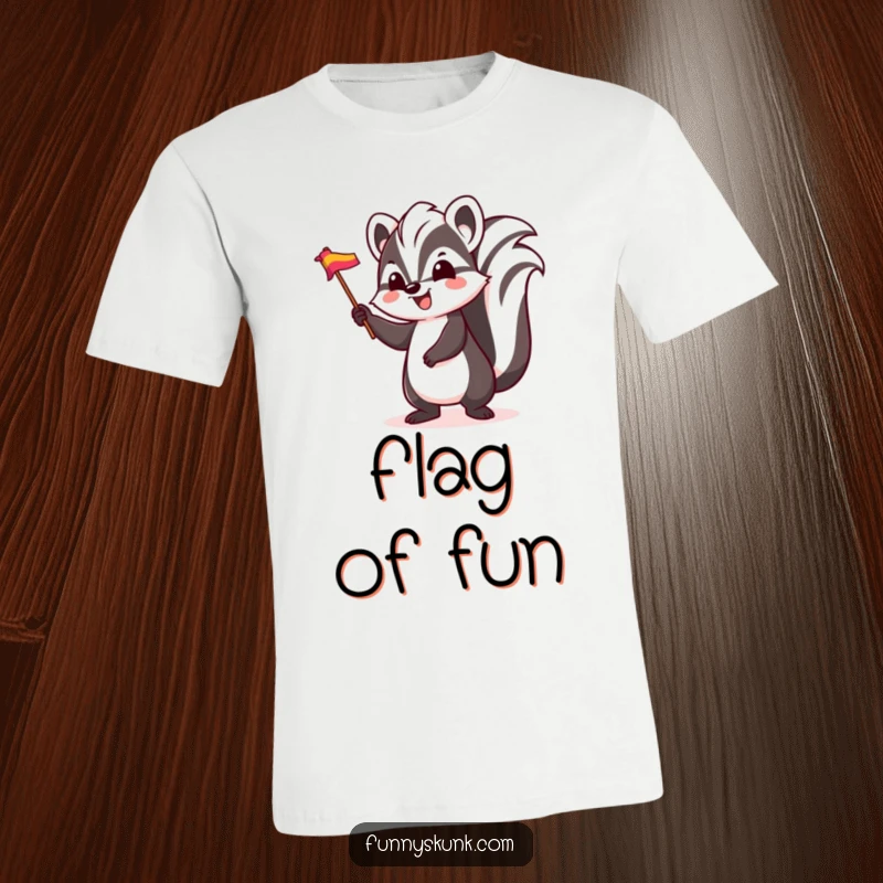 Funny skunk t-shirt, a skunk with an excited bounce, waving a small, colorful flag, full of joyful energy.