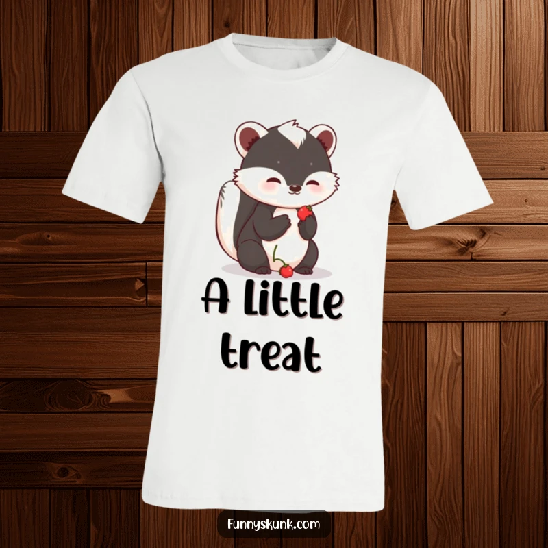 Funny shy skunk t-shirt with a skunk offering a small, sweet berry, its hopeful expression adding a touch of endearing humor.