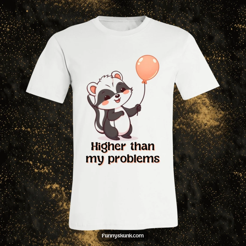 Funny skunk t-shirt with a cheerful skunk holding a balloon, gently floating upwards into the sky, expressing carefree happiness.