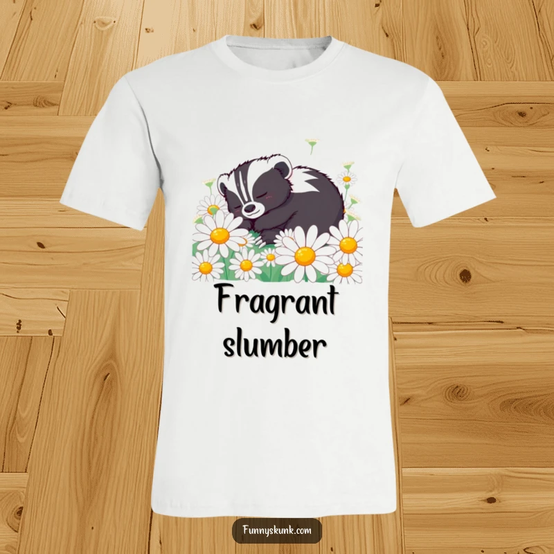 Funny skunk t-shirt depicting a content skunk napping peacefully in oversized daisies, capturing floral relaxation and humor.