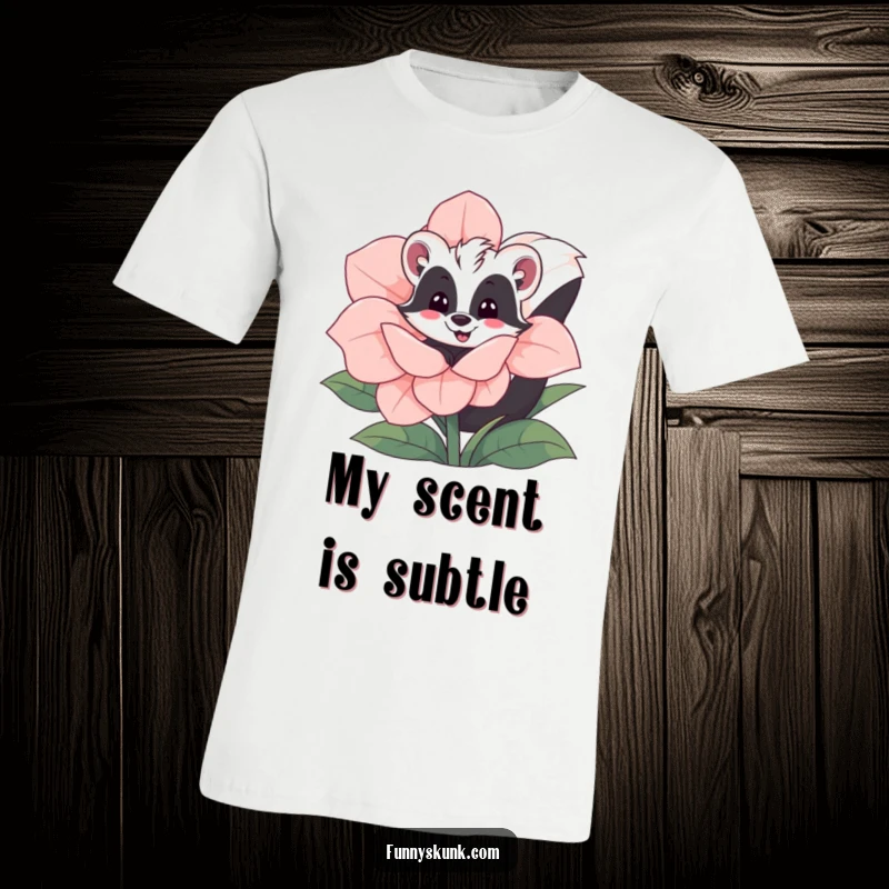 Funny skunk t-shirt featuring a happy skunk peeking out from behind a giant, blooming flower, a whimsical and cute design.