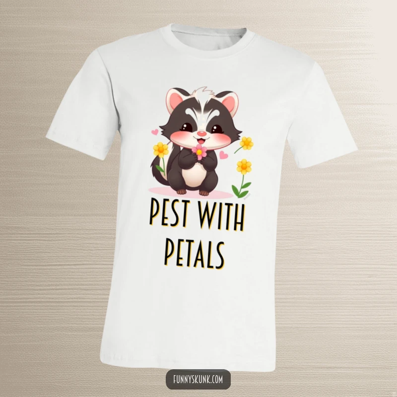 Funny skunk t-shirt showing a happy skunk in mid-air, skillfully juggling three bright flowers, radiating pure delight and playful energy.