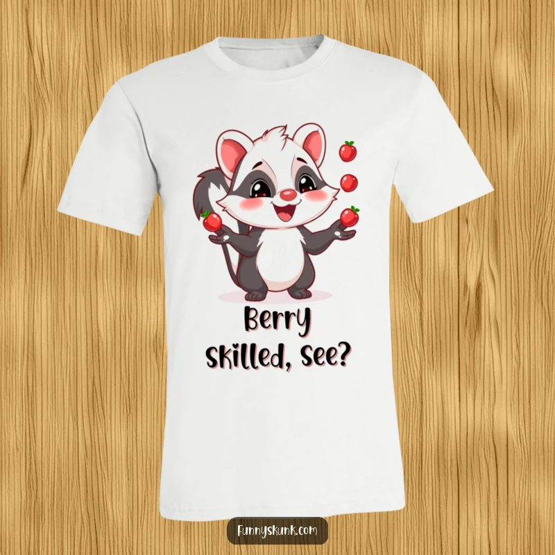 Funny skunk t-shirt with a happy skunk sporting a wide grin while juggling three small, shiny berries, a whimsical design.