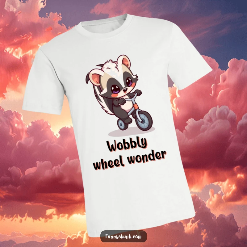 Funny skunk t-shirt featuring a determined skunk with wide eyes precariously riding a small, unstable unicycle, showcasing a funny balancing act.