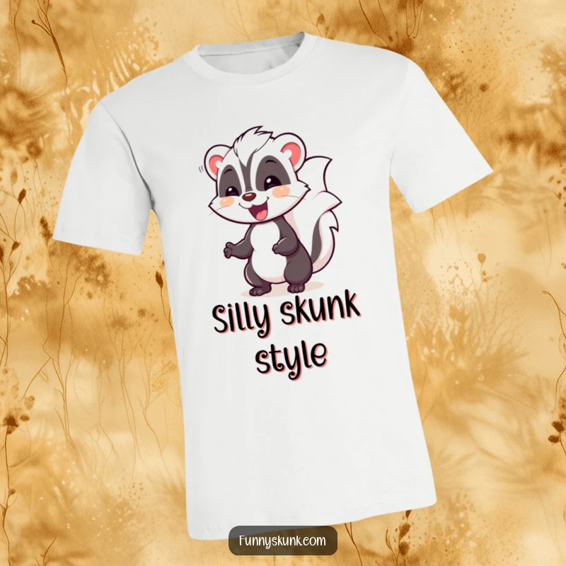 Funny skunk t-shirt featuring a happy skunk in a silly pose, waddling with infectious delight and playful energy.