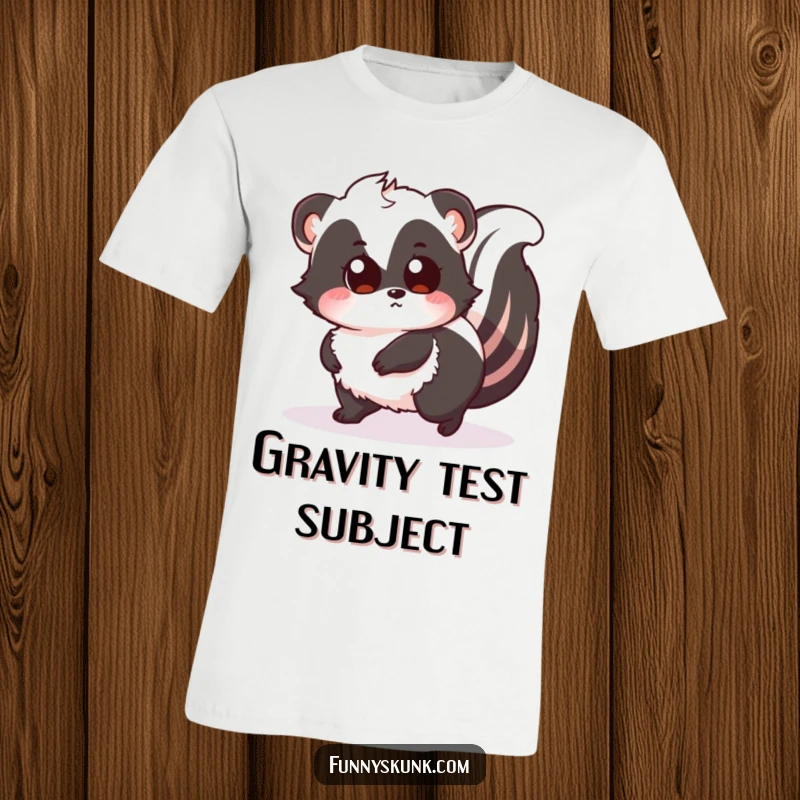 Funny T-shirt depicting a fluffy skunk comically tripping over its own tail, with wide, surprised eyes, conveying a humorous, relatable moment.