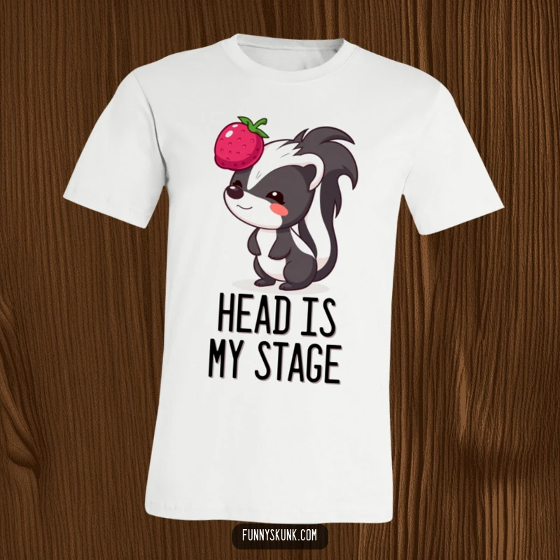 Funny skunk t-shirt, a skunk making a funny, concentrated face while trying to balance a bouncing berry on its head.