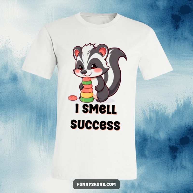 Funny skunk t-shirt of a skunk character balancing a precarious stack of colorful candies on its nose, a sugary feat.