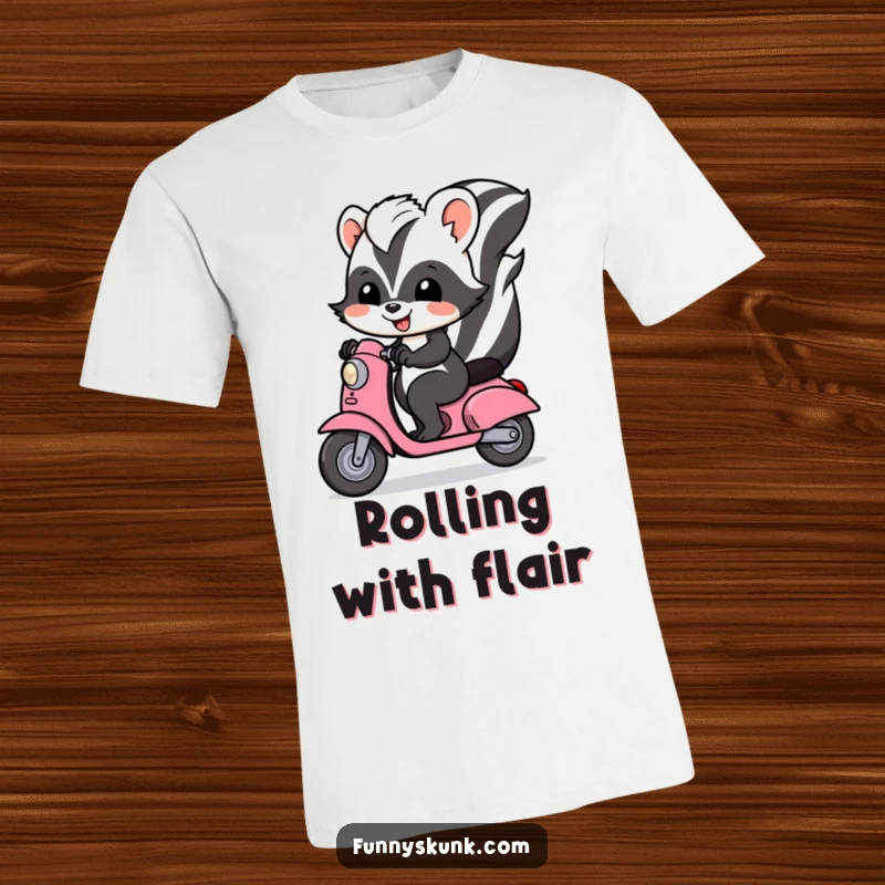 Funny skunk t-shirt featuring a joyful skunk with a happy expression, riding a miniature scooter with flair.