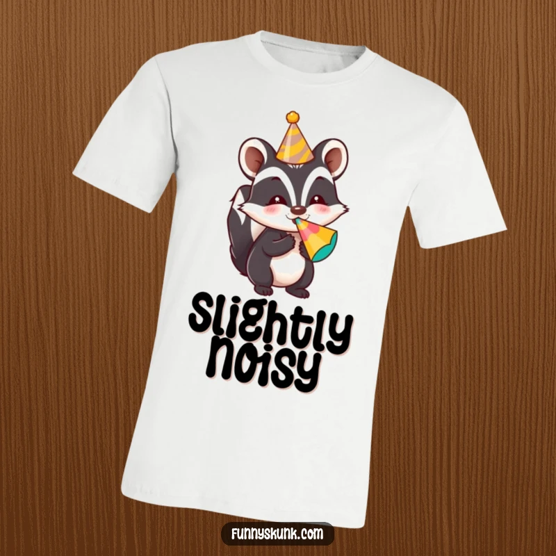 Funny skunk t-shirt featuring a skunk wearing a tiny party hat and blowing a colorful noisemaker, full of celebratory energy.
