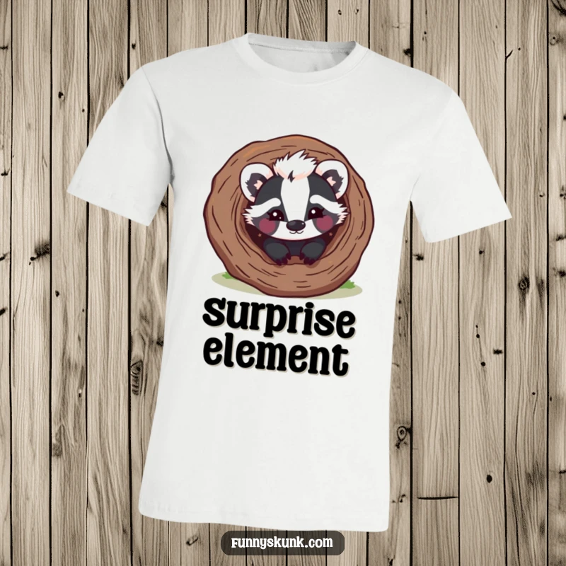Funny skunk t-shirt depicting a mischievous skunk peeking from a hollow log with a sly wink, capturing cheeky and playful spirit.