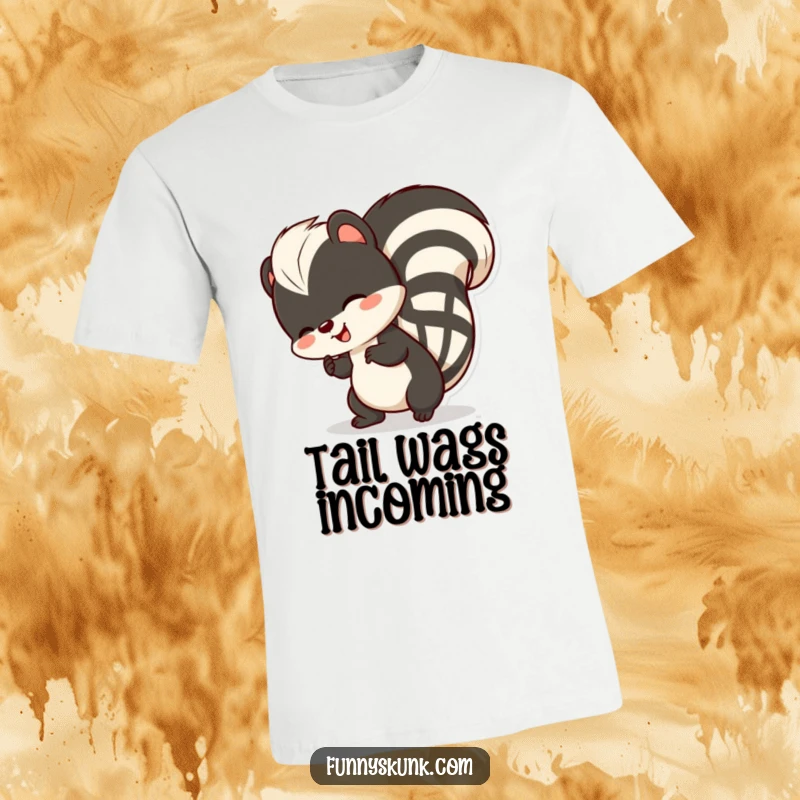 Funny skunk t-shirt, a skunk comically doing the happy tail wiggle dance, full of pure, infectious delight.
