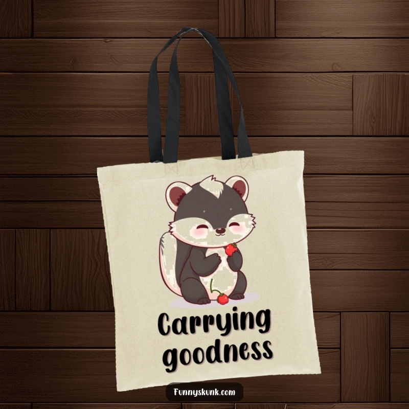 Funny shy skunk tote bag showcasing a skunk offering a small, sweet berry with a hopeful expression, perfect for everyday use.
