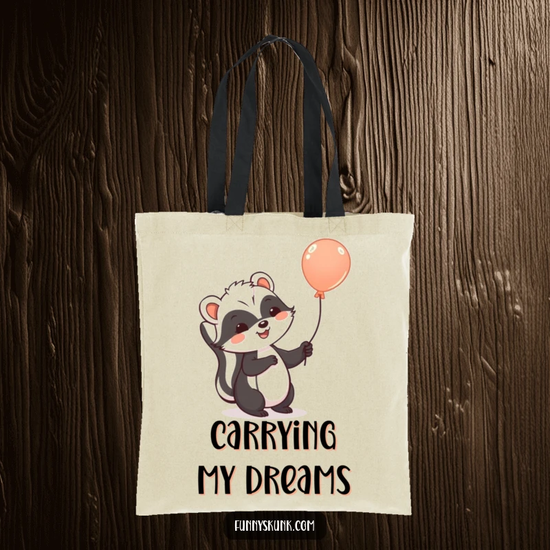 Funny skunk tote bag displaying a cheerful skunk holding a balloon, ascending into the air with a sense of lighthearted adventure.