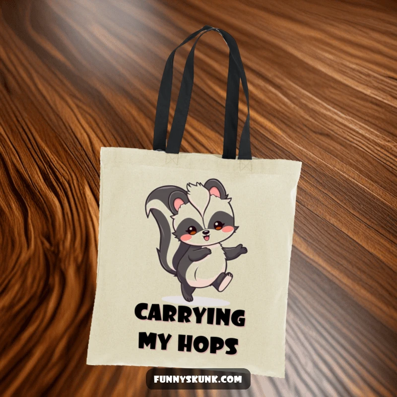Funny skunk tote bag featuring a fluffy skunk in a happy hop, tail held high, a practical and joyful accessory.