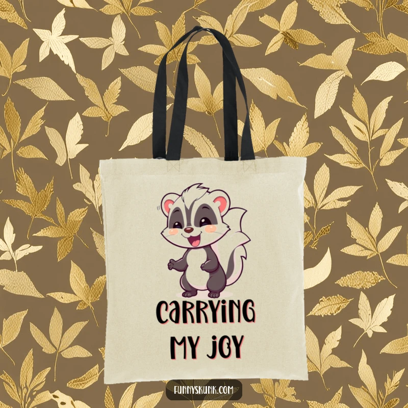 Funny skunk tote bag depicting a happy skunk in a silly pose, waddling with delight, great for shopping.