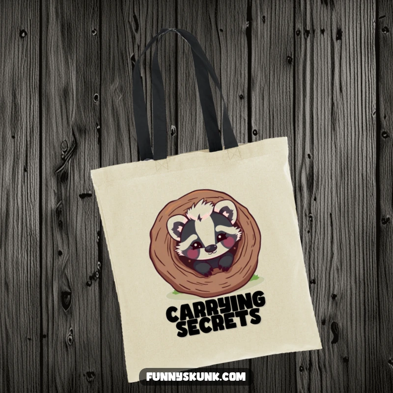 Funny skunk tote bag showing a mischievous skunk peeking from a hollow log with a playful wink, perfect for carrying secrets.