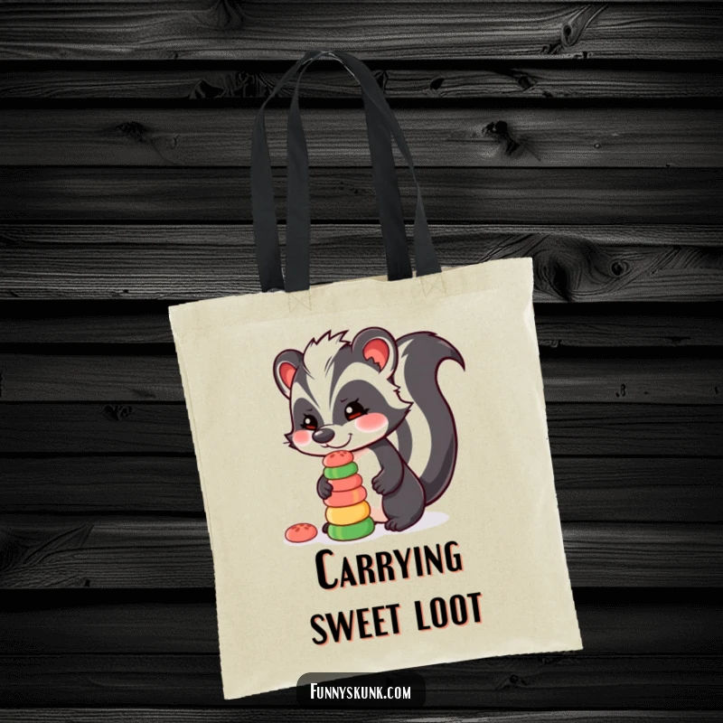 Funny skunk tote bag with a skunk character balancing a stack of colorful candies on its nose, a charming accessory.
