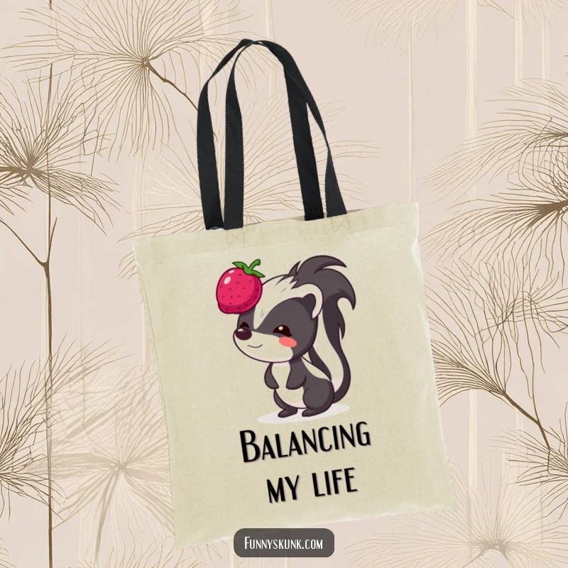Funny skunk tote bag, a skunk with a funny face trying its best to balance a small, bouncing berry on its head.
