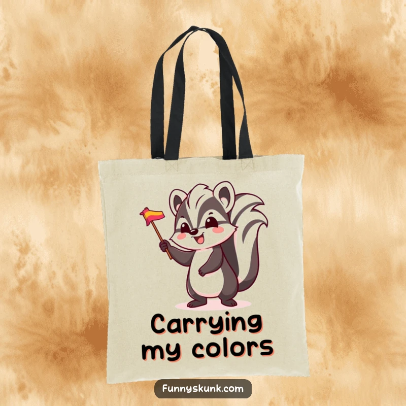 Funny skunk tote bag, a skunk happily bouncing and waving a small, colorful flag, spreading cheer and excitement.
