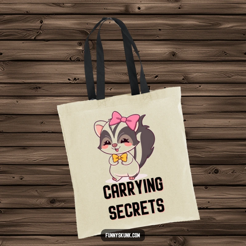 Funny skunk tote bag depicting a skunk in a bright bow, tiptoeing with mischievous glee, great for shopping.