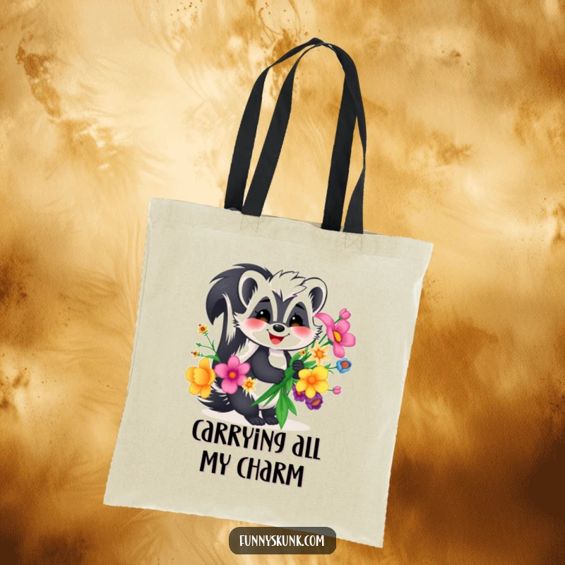 Funny skunk tote bag, a happy smiling skunk cheerfully carrying a large, colorful bouquet of unusual flowers.
