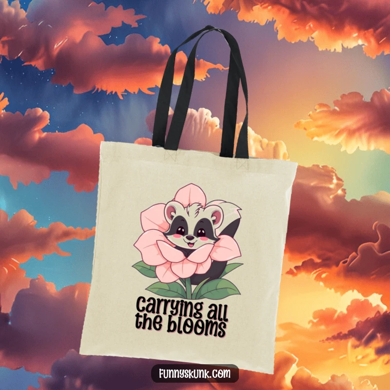 Funny skunk tote bag with a skunk playfully peeking from behind a giant flower, a stylish and humorous accessory.