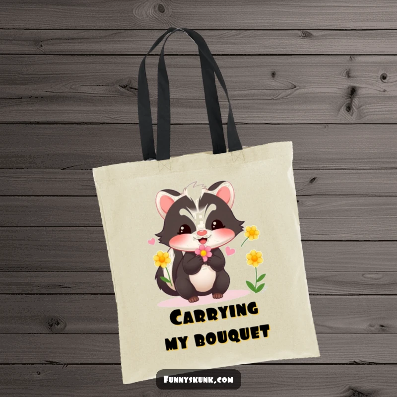 Funny skunk tote bag showcasing a happy skunk in action, juggling three colorful flowers with impressive dexterity, ready for any errand.