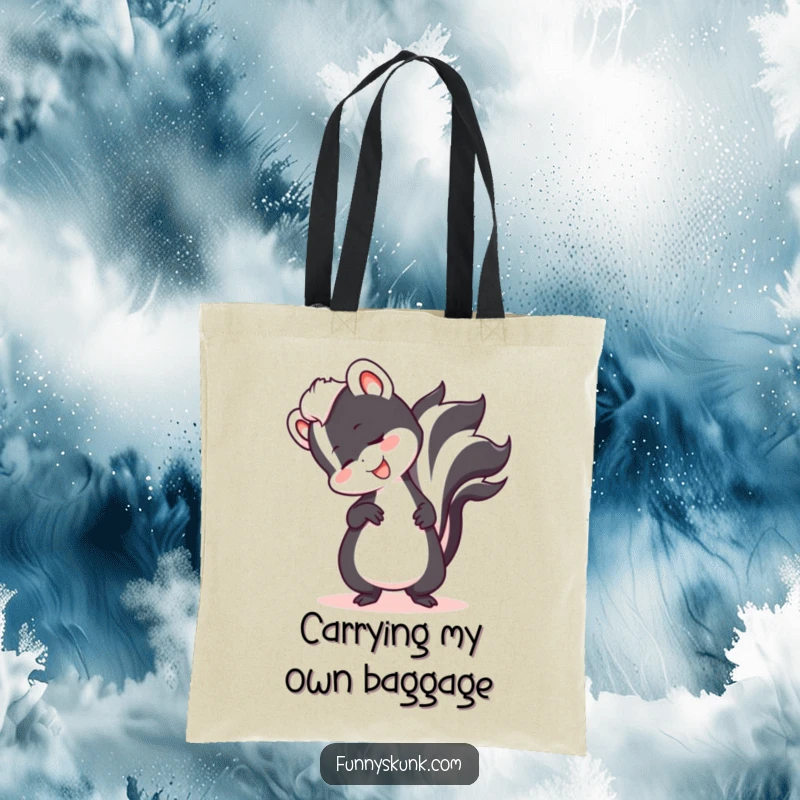 Funny skunk comically tripping over its tail with a cheerful expression on a durable tote bag, ideal for shoppers.