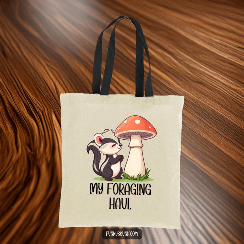 Funny skunk tote bag illustrating a curious skunk at the base of a large, shy mushroom, designed for carrying treasures and woodland vibes.
