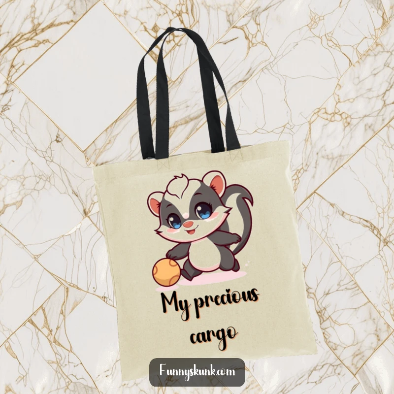 Funny skunk tote bag depicting a skunk with wide eyes playfully chasing a bouncing ball, great for everyday carry.