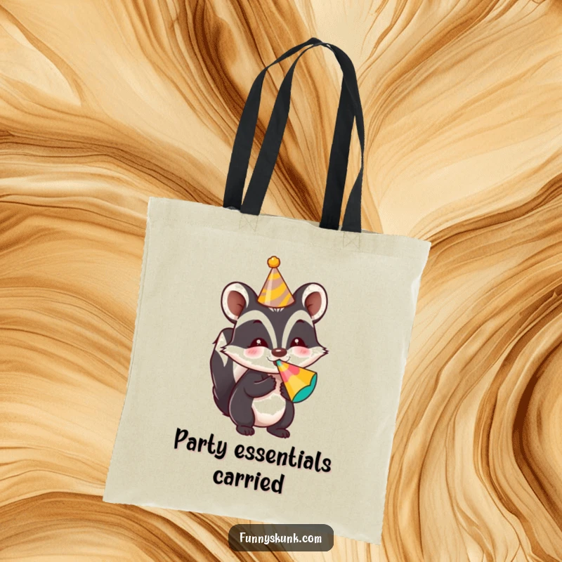 Funny skunk tote bag featuring a skunk wearing a party hat and blowing a noisemaker, a practical and festive accessory.