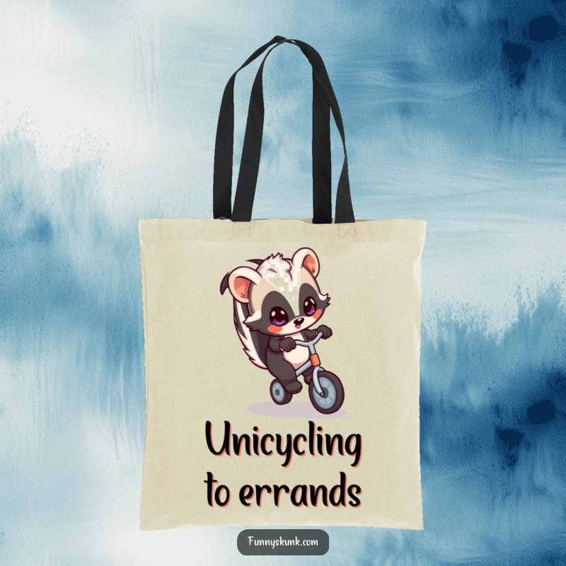 Funny skunk tote bag designed with a skunk wobbling on a unicycle, perfect for carrying essentials with a humorous and adventurous flair.